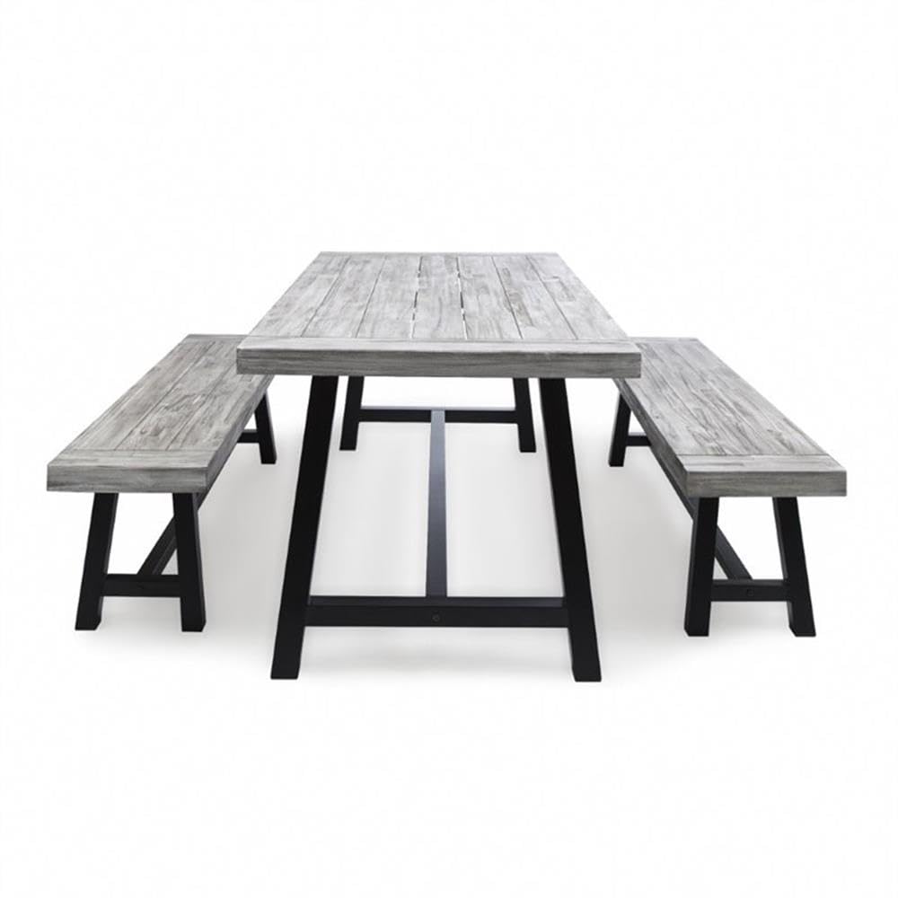 GDFStudio Cassie Outdoor Modern Industrial 3 Piece Acacia Wood Picnic Dining Set with Benches, Sandblasted Dark Brown and White Rustic Metal