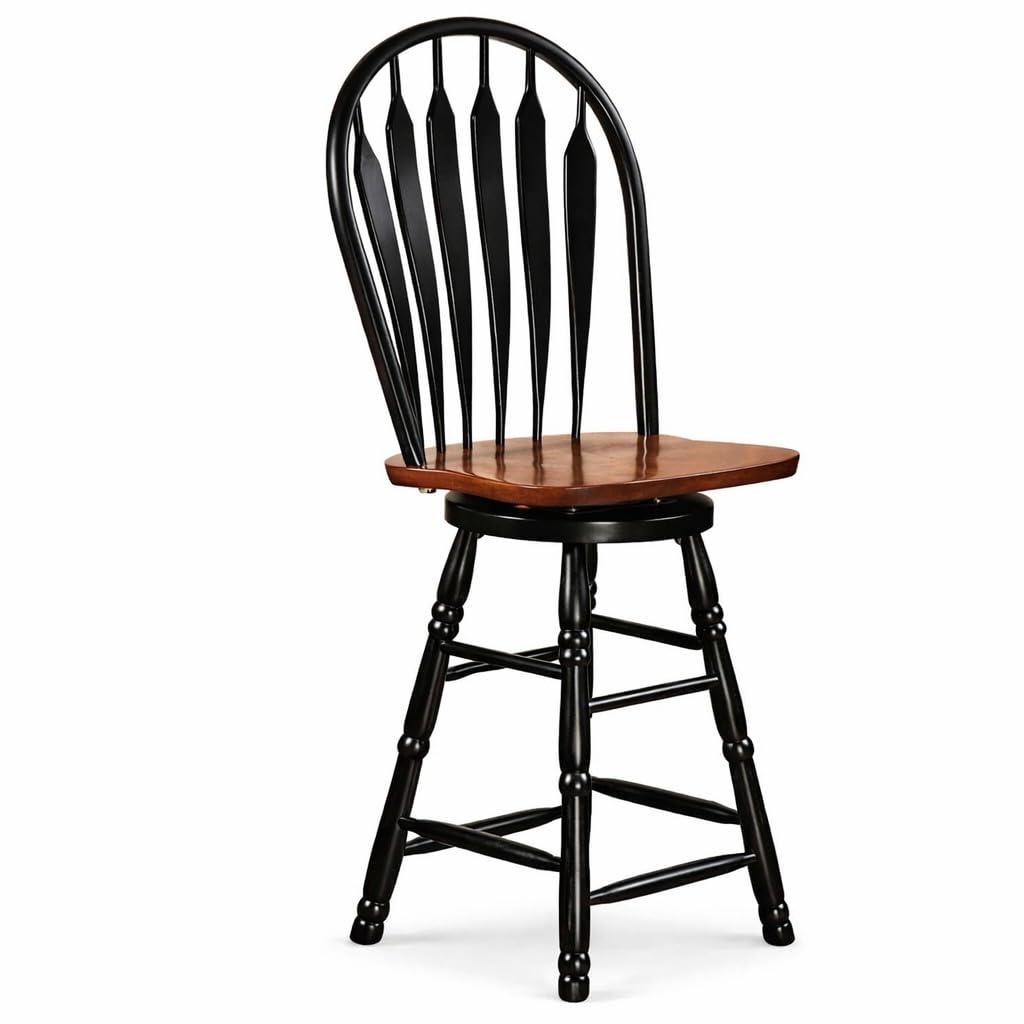 Sunset Trading Selections 24" Counter Height Swivel Barstool | Farmhouse Country Cottage Windsor Arrowback Café Stool | Antique Black & Cherry Solid Wood | Dining Room Kitchen Home Bar Furniture
