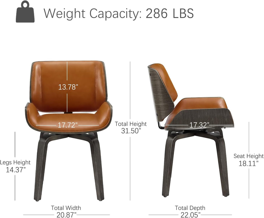 Zouron Swivel Dining Chairs, Mid Century Modern Desk Chairs Retro Faux Leather Chair with Wooden Legs, Kitchen Dining Room Chair with Upholstered Seat, 1 Pcs, Orange Brown