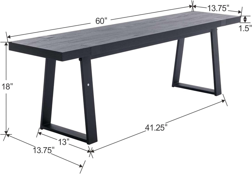 VESCASA 60" Wood Dining Bench with Black Metal Legs for Dining Room, Kitchen, Black