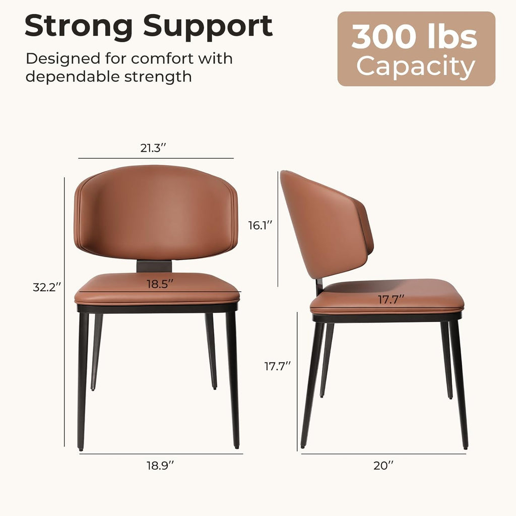 2PC Brown Faux Leather Dining Chairs, Modern Curved Back Design
