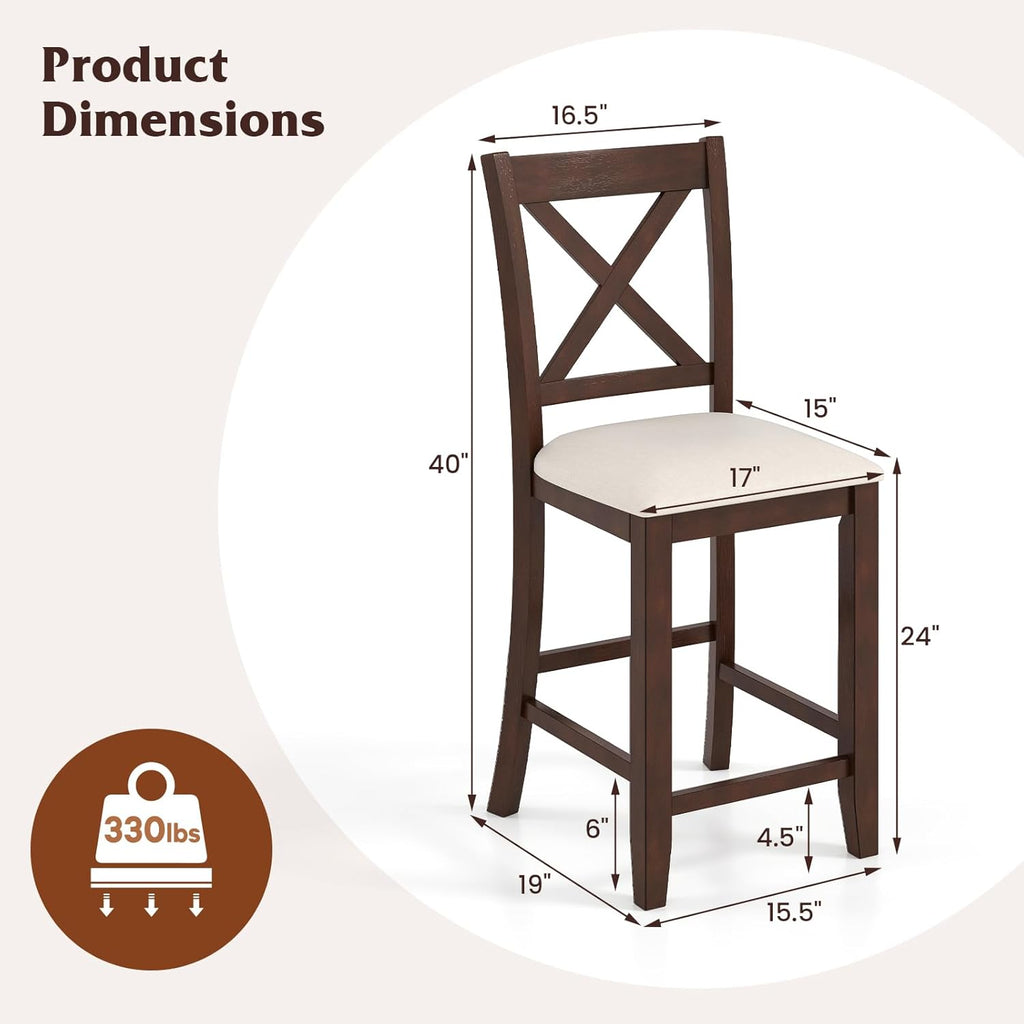 Giantex 24" Bar Stools Set of 4, Farmhouse Counter Height Barstools w/Footrest, Cross Back, Comfortable Linen Cushion, Upholstered Wood Bar Chairs for Kitchen Island Dining Room Cafe, Walnut & Beige