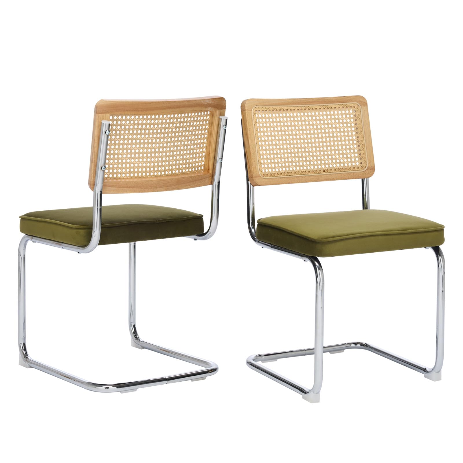 Rattan Dining Chairs Set of 4,Upholstered Mid-Century Modern Dining Room Chairs with Cane Backrest,Retro Velvet Kitchen Chairs with Stainless Chrome Base,Green