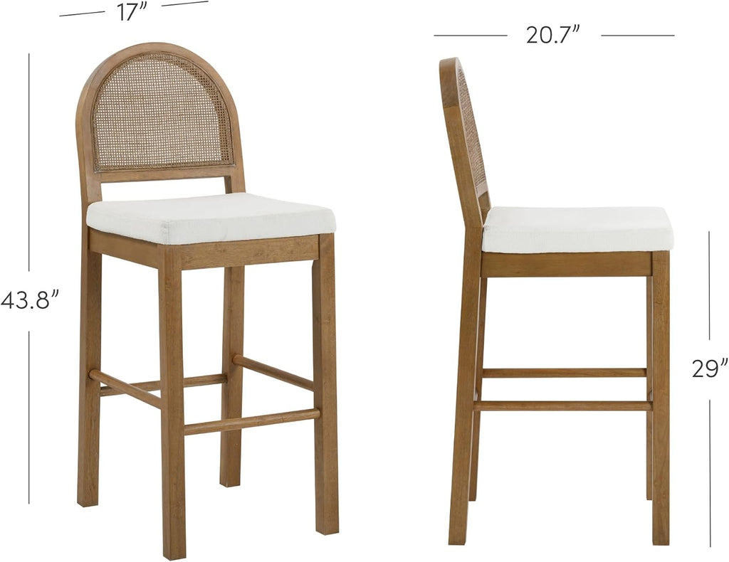 Nathan James Bailey 29 in. Boucle Bar Stool with Back, Bar Height Chair with Natural Woven Rattan Back and Solid Wood Legs, Light Brown, Set of 2