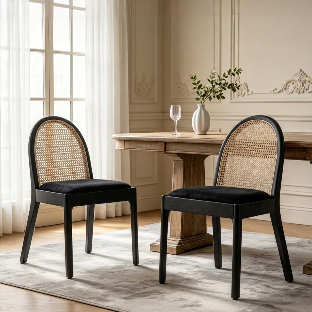 Ya-Home Mid Century Dining Chairs Set of 2, Accent Rattan Sherpa Fabric Side Chairs Kitchen Chair with Solid Wooden Legs for Living Room Dining Room, Black
