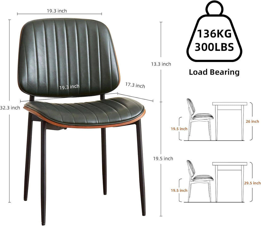 Mid Century Modern Dining Chairs Set of 2, Retro Chair with Faux Leather Upholstered Seat/Back & Metal Legs & Leg Protectors for Kitchen (Dark Green)