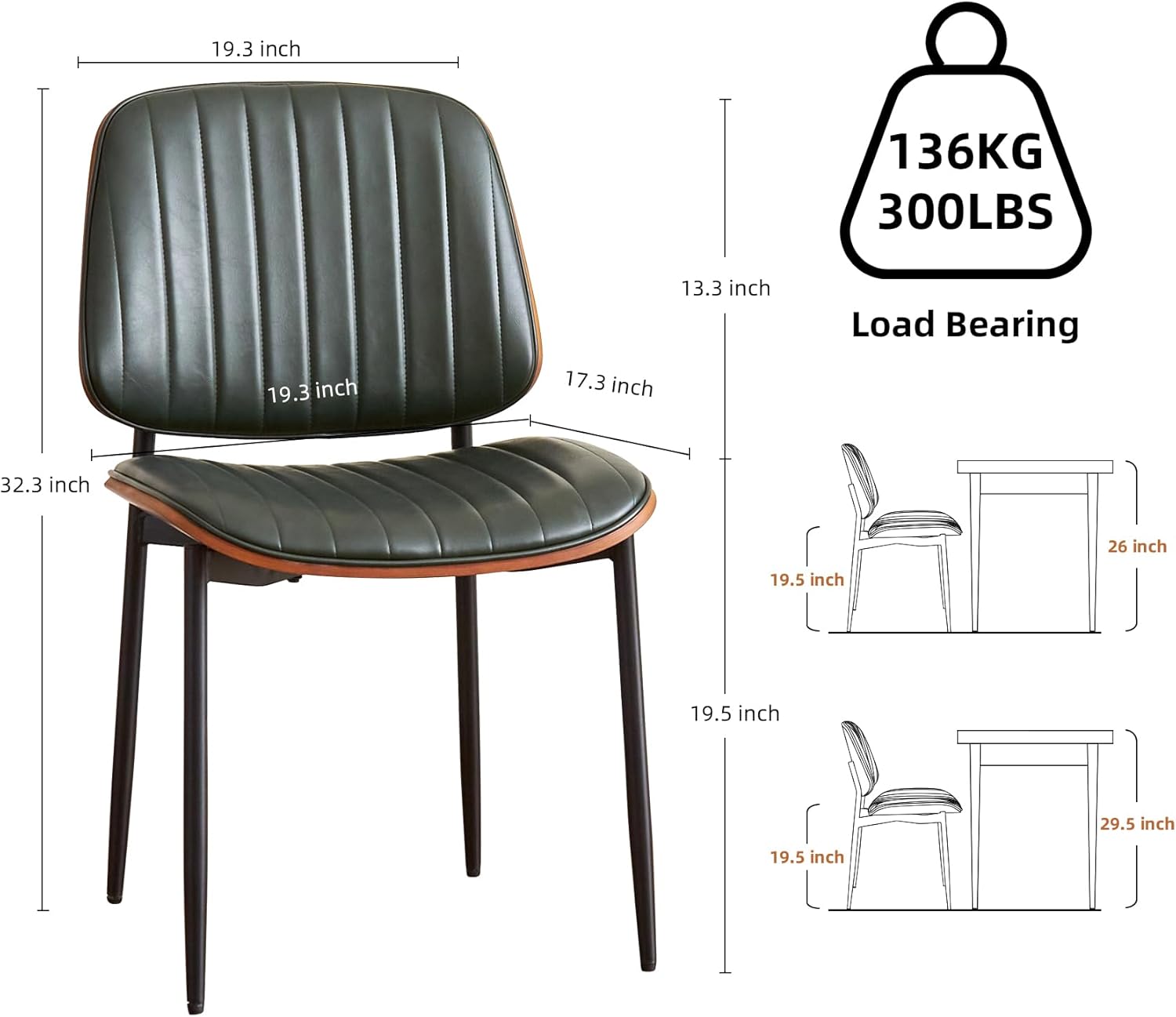 Mid Century Modern Dining Chairs Set of 2, Retro Chair with Faux Leather Upholstered Seat/Back & Metal Legs & Leg Protectors for Kitchen (Dark Green)