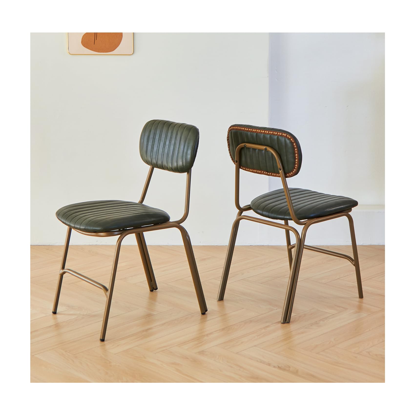 Mid Century Modern Dining Chairs Set of 2, Retro Chair with Faux Leather Upholstered Seat & Solid Wood Backrests & Vintage Distressing Metal Legs & Leg Protectors for Kitchen Dining Room (Dark Green)