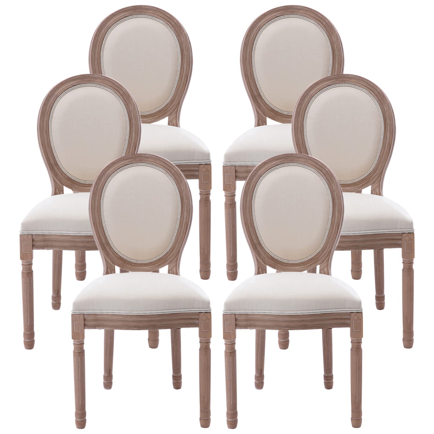 Nrizc French Country Dining Chairs Set of 4, Farmhouse Fabric Chairs with Round Back, Rattan Dining Chair, Oval Side Chairs for Dining Room/Living Room/Kitchen/Restaurant