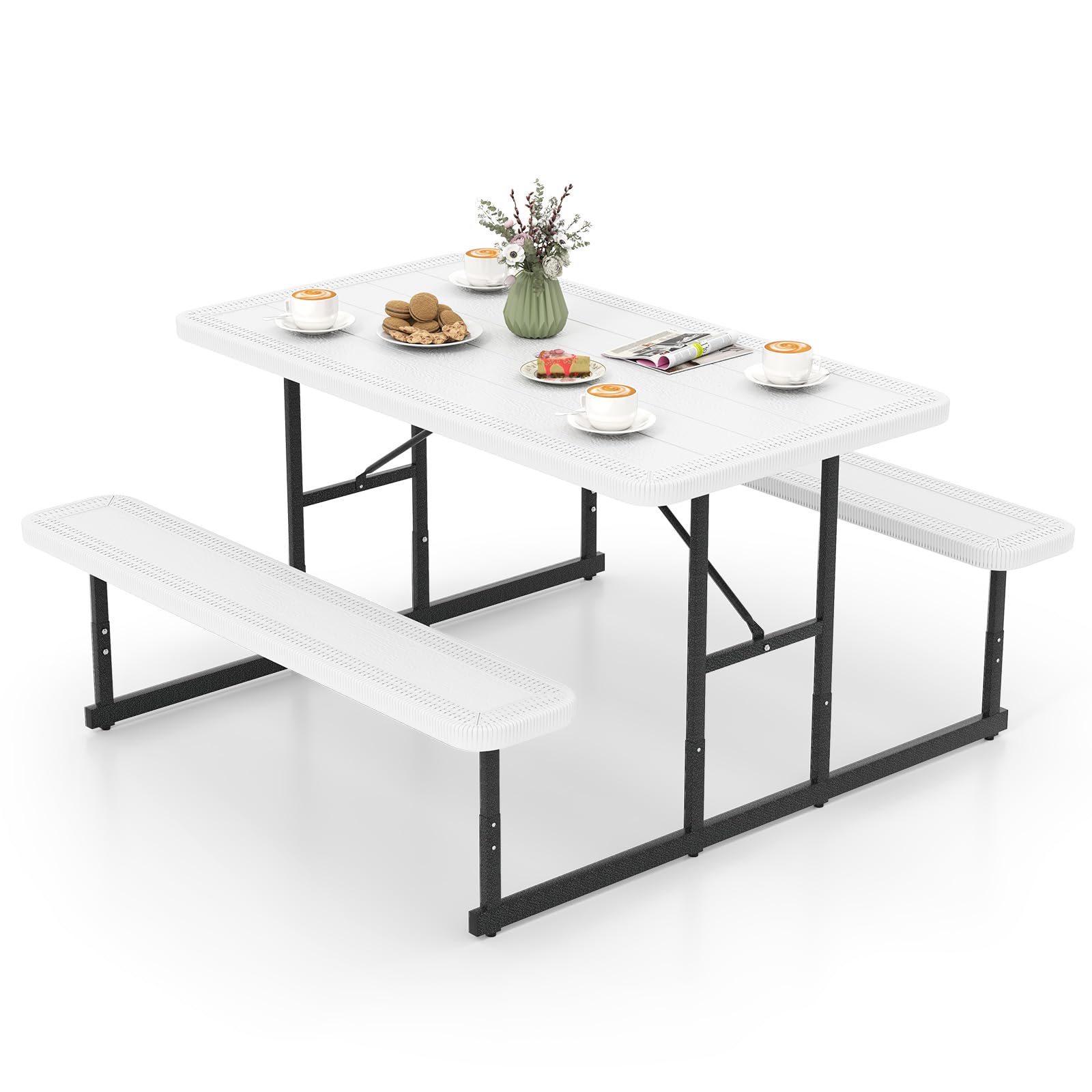 Tangkula 8 Person Picnic Table, HDPE Outdoor Square Table and Bench Set with 4 Built-in Benches, Umbrella Hole, Metal Frame for Garden Yard Patio Lawn