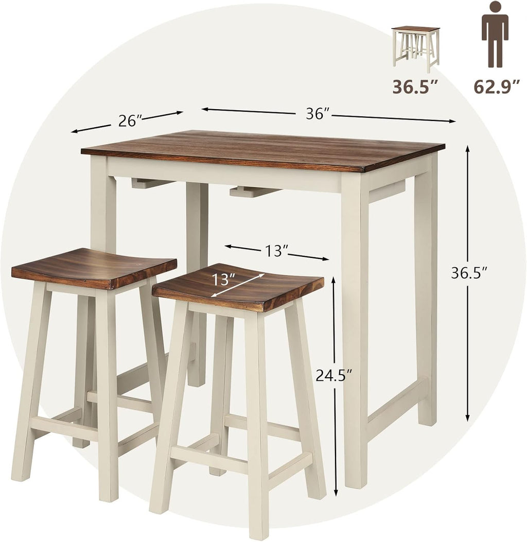 COSTWAY 3 Pieces Dining Set, Counter Height Pub Table Set with 2 Saddle Stools, Industrial Wood Breakfast Table Set for Bar, Kitchen, Living Room, Restaurant