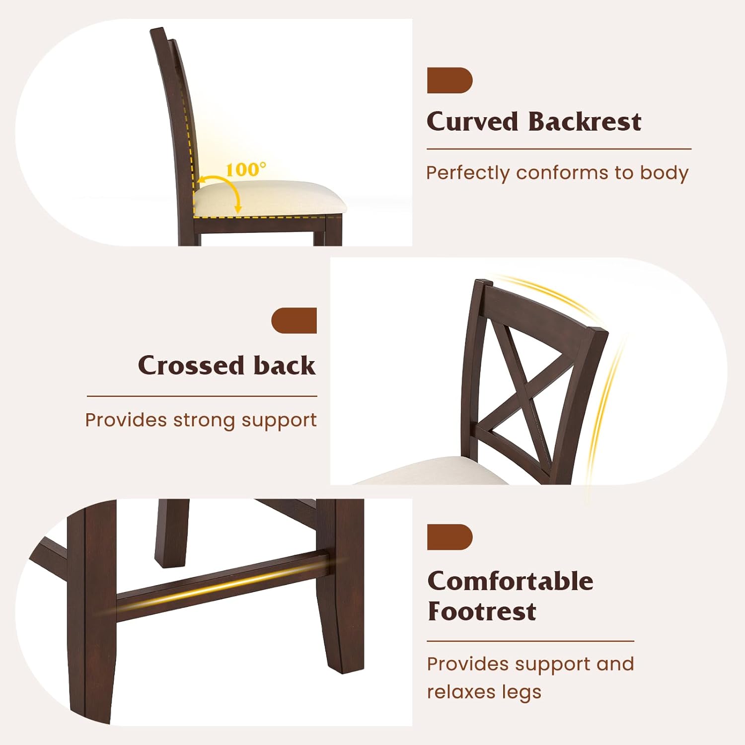 Giantex 24" Bar Stools Set of 4, Farmhouse Counter Height Barstools w/Footrest, Cross Back, Comfortable Linen Cushion, Upholstered Wood Bar Chairs for Kitchen Island Dining Room Cafe, Walnut & Beige