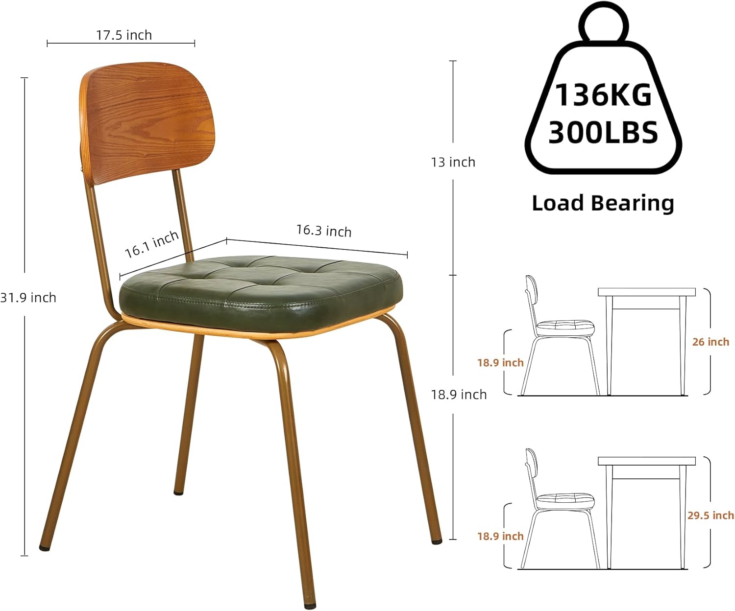 Mid Century Modern Dining Chairs Set of 2, Retro Chair with Faux Leather Upholstered Seat & Solid Wood Backrests & Vintage Distressing Metal Legs & Leg Protectors for Kitchen Dining Room (Dark Green)