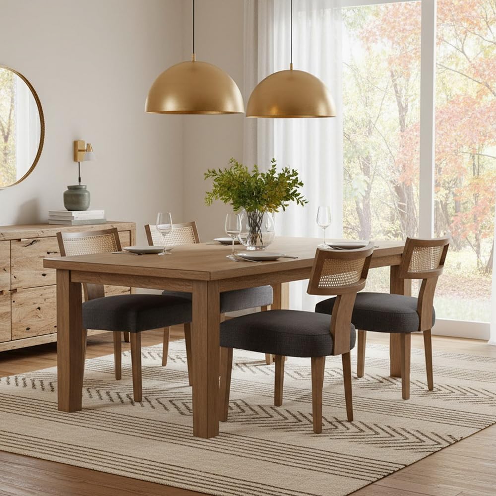 RIVOVA Rattan Dining Chairs Set of 4, Mid Century Modern Dining Chair Upholstered Linen Fabric Kitchen Side Chair, Modern Kitchen Armless Solid Wood Dining Chairs, Beige