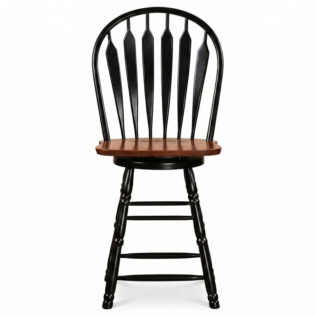 Sunset Trading Selections 24" Counter Height Swivel Barstool | Farmhouse Country Cottage Windsor Arrowback Café Stool | Antique Black & Cherry Solid Wood | Dining Room Kitchen Home Bar Furniture