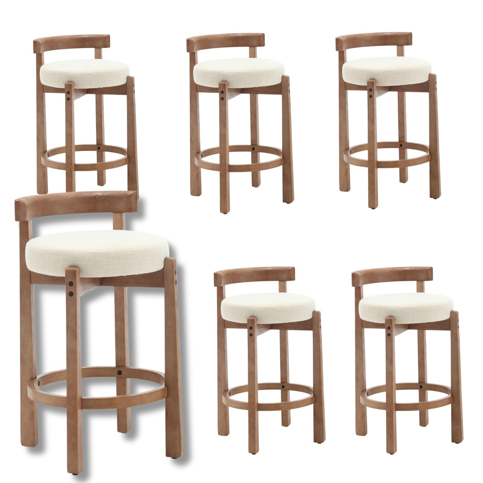 LukeAlon Mid Century Linen Counter Stools Set of 4, Upholstered 26.5” Seat Height Low Barstools with Natural Wood Legs Round Low Back Kitchen Stools with Footrest for Dining Room, Beige