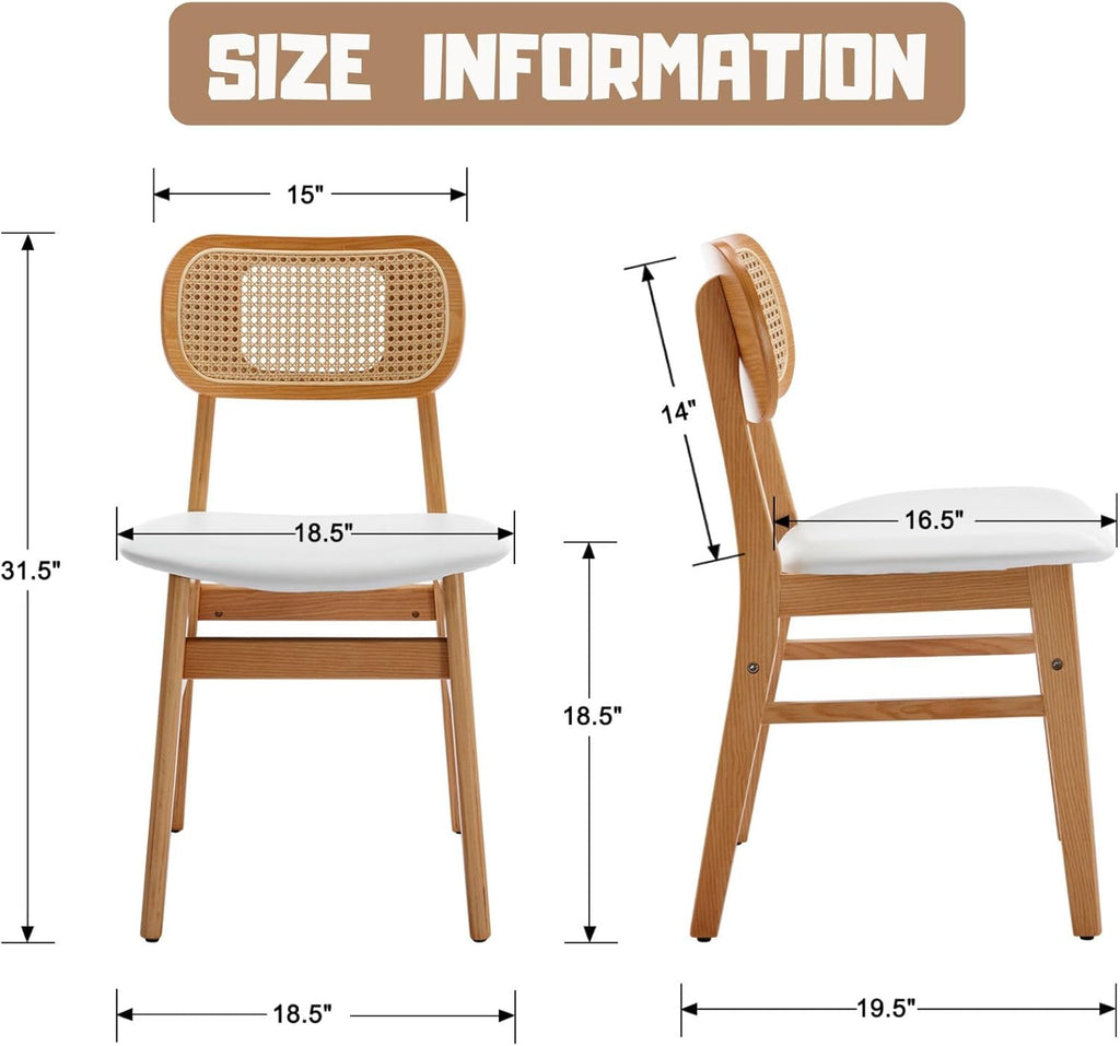 ROCITY Rattan Dining Chairs Set of 4 White Faux Leather Dining Room Chairs Natural Wooden Kitchen Chairs Farmhouse Side Chairs
