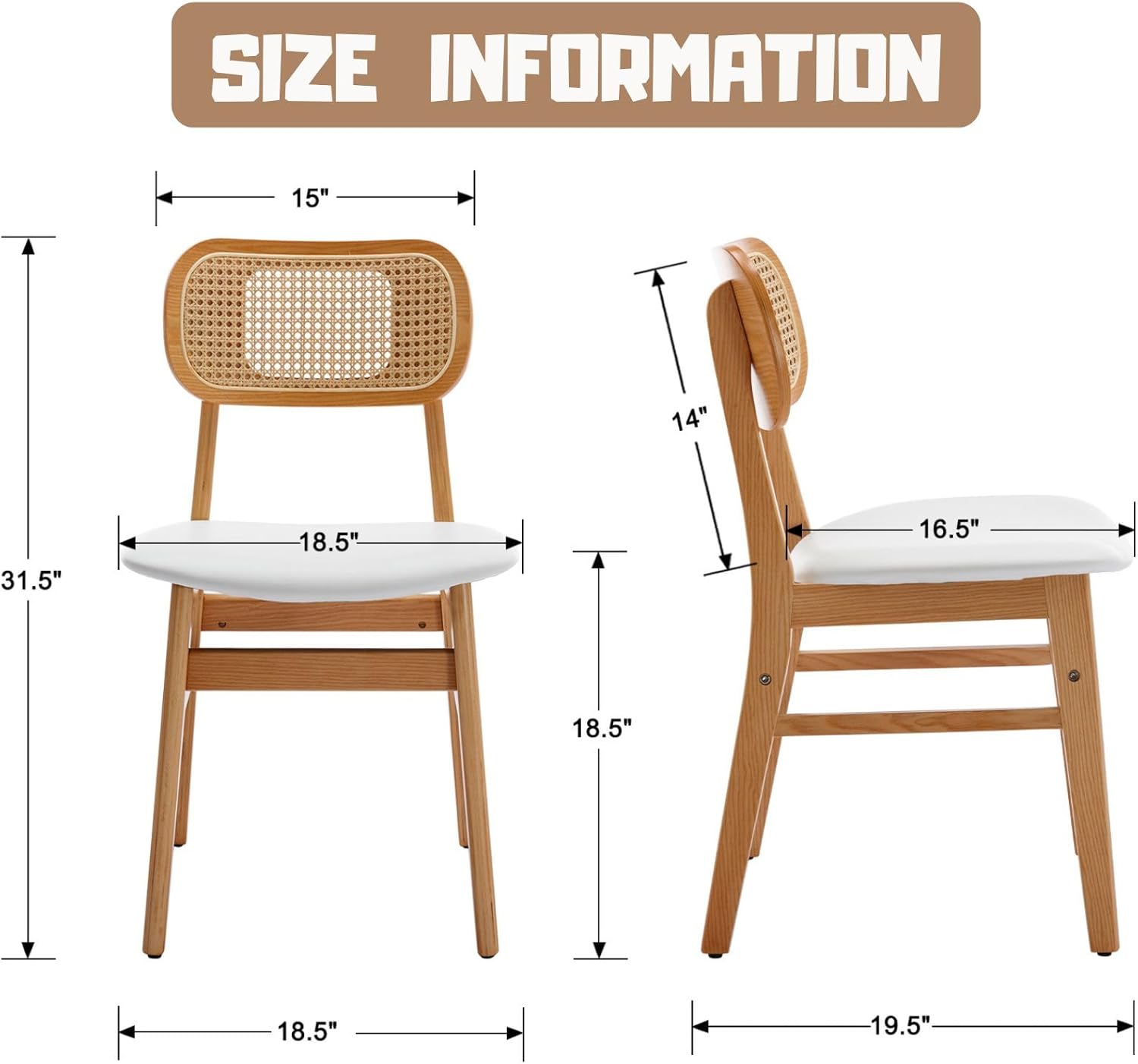 ROCITY Rattan Dining Chairs Set of 4 White Faux Leather Dining Room Chairs Natural Wooden Kitchen Chairs Farmhouse Side Chairs