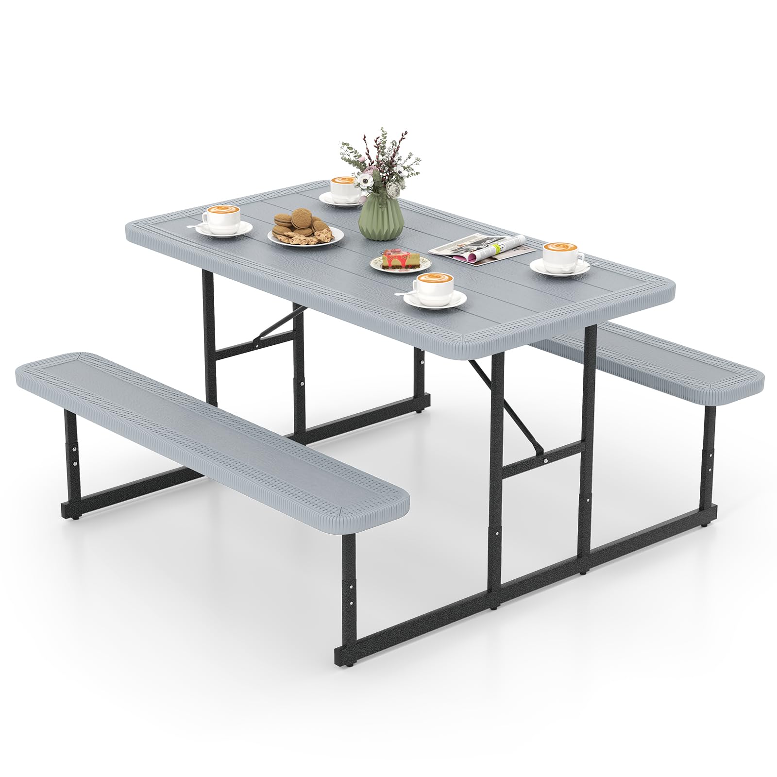 Tangkula 8 Person Picnic Table, HDPE Outdoor Square Table and Bench Set with 4 Built-in Benches, Umbrella Hole, Metal Frame for Garden Yard Patio Lawn