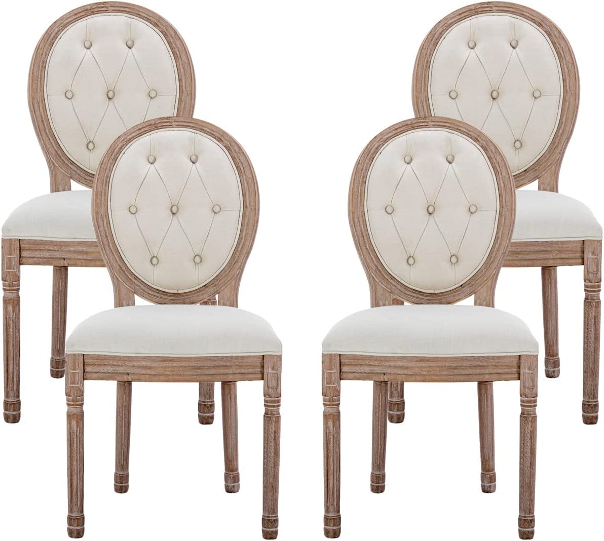 Nrizc French Country Dining Chairs Set of 4, Farmhouse Fabric Chairs with Round Back, Rattan Dining Chair, Oval Side Chairs for Dining Room/Living Room/Kitchen/Restaurant