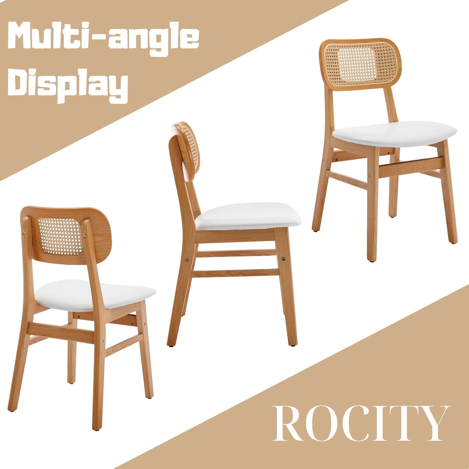 ROCITY Rattan Dining Chairs Set of 4 White Faux Leather Dining Room Chairs Natural Wooden Kitchen Chairs Farmhouse Side Chairs