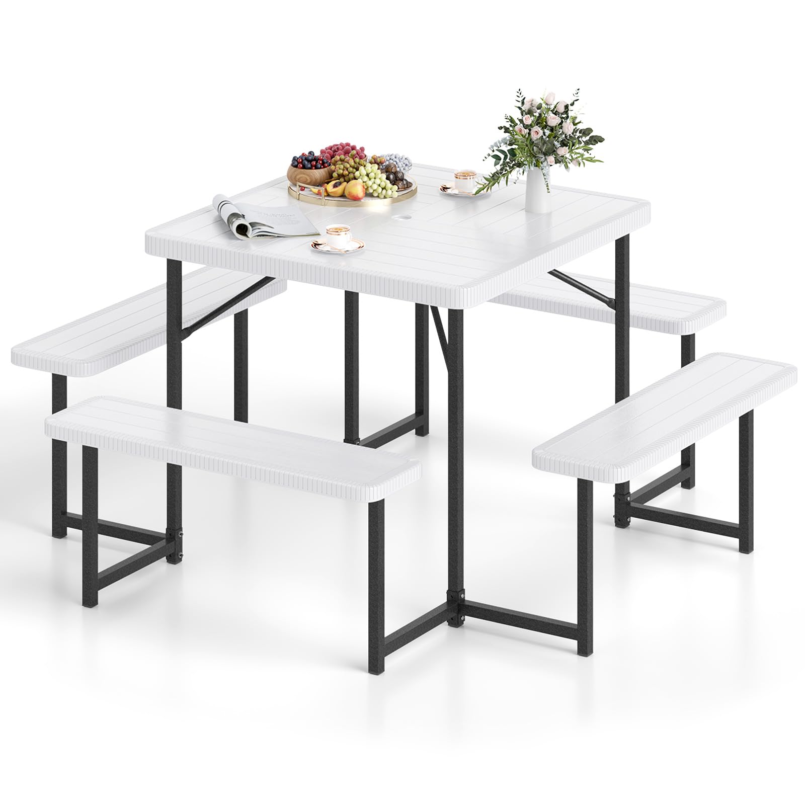 Tangkula 8 Person Picnic Table, HDPE Outdoor Square Table and Bench Set with 4 Built-in Benches, Umbrella Hole, Metal Frame for Garden Yard Patio Lawn