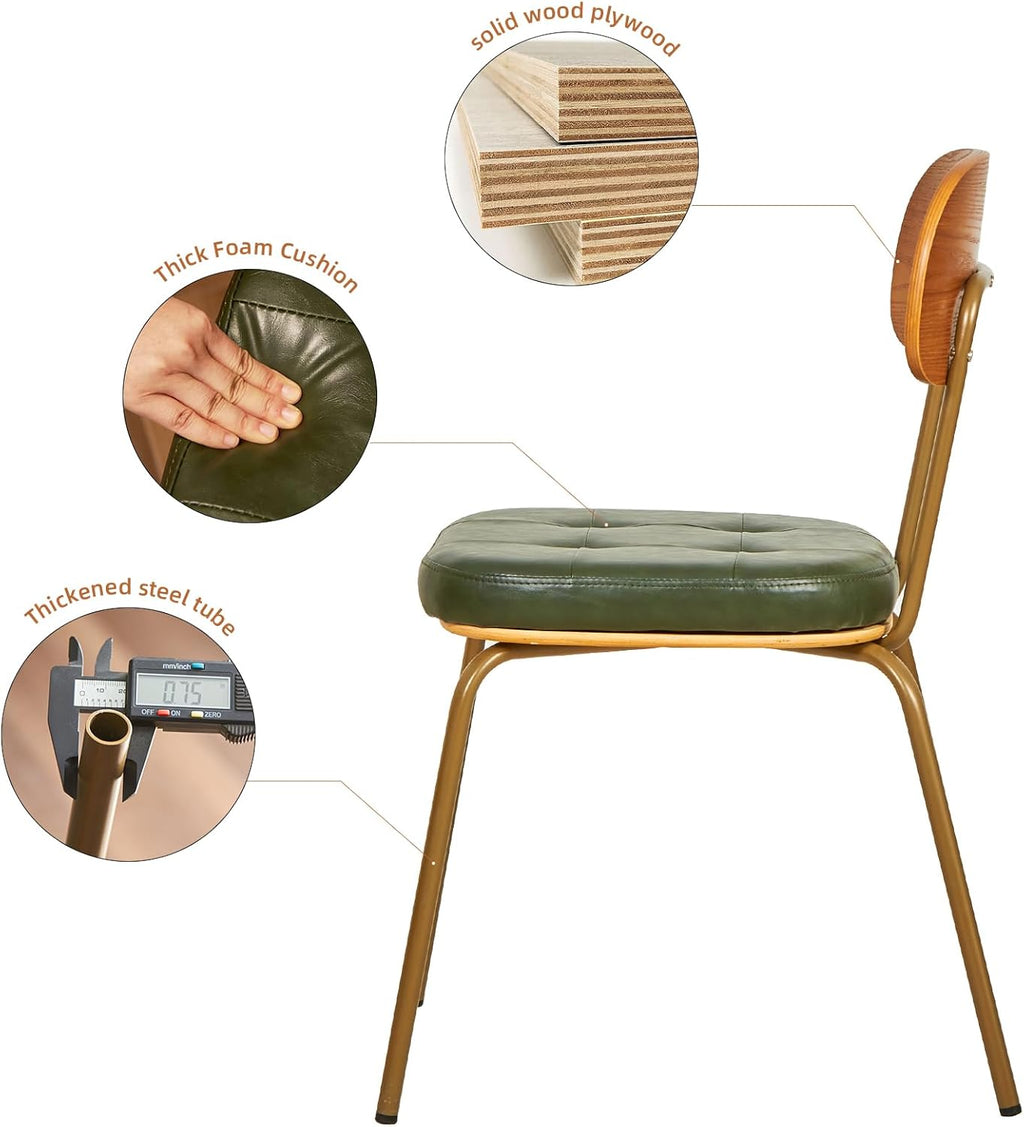 Mid Century Modern Dining Chairs Set of 2, Retro Chair with Faux Leather Upholstered Seat & Solid Wood Backrests & Vintage Distressing Metal Legs & Leg Protectors for Kitchen Dining Room (Dark Green)