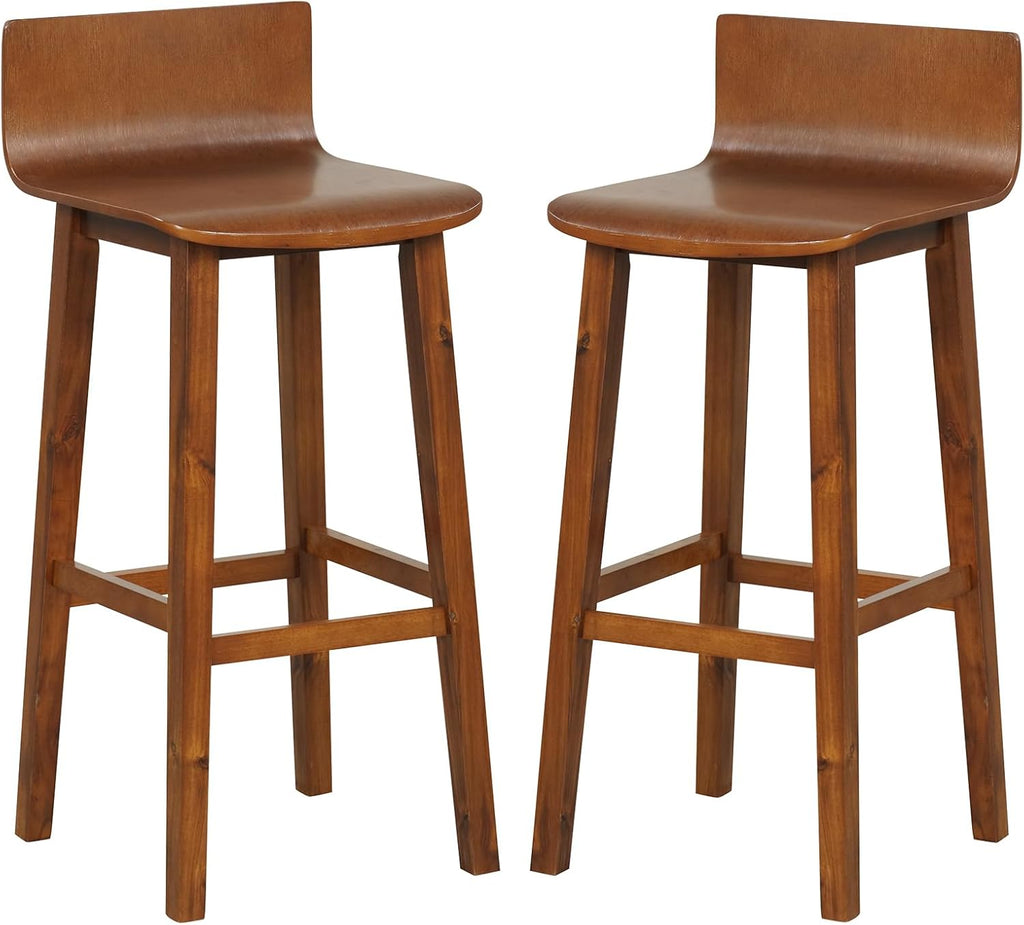 COSTWAY Solid Wood Bar Stools Set of 2, 29-inch Counter Height Chairs with Low Back and Footrest, Farmhouse Wooden Armless Barstools for Kitchen Island, Dining Room, Cafe, Breakfast, Brown