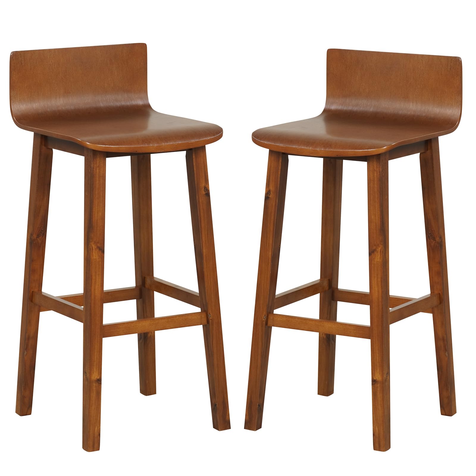 COSTWAY Solid Wood Bar Stools Set of 2, 29-inch Counter Height Chairs with Low Back and Footrest, Farmhouse Wooden Armless Barstools for Kitchen Island, Dining Room, Cafe, Breakfast, Brown