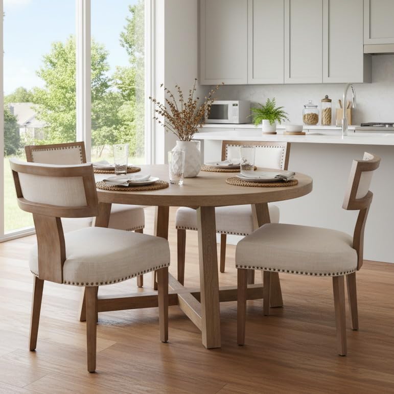 RIVOVA Rattan Dining Chairs Set of 4, Mid Century Modern Dining Chair Upholstered Linen Fabric Kitchen Side Chair, Modern Kitchen Armless Solid Wood Dining Chairs, Beige