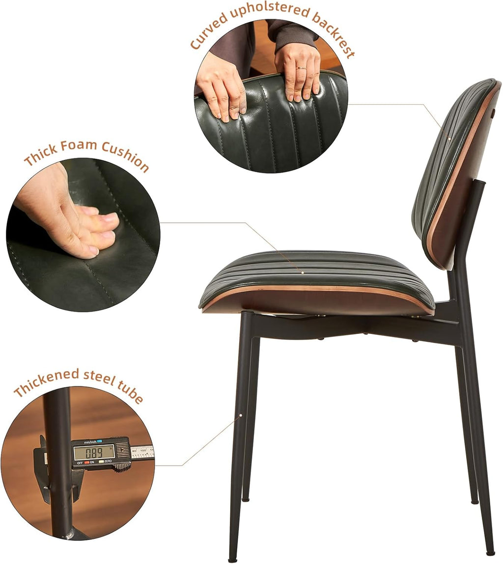 Mid Century Modern Dining Chairs Set of 2, Retro Chair with Faux Leather Upholstered Seat/Back & Metal Legs & Leg Protectors for Kitchen (Dark Green)