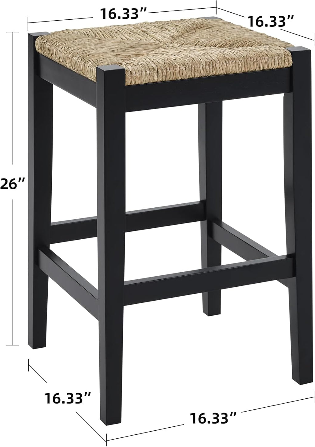 2PC Woven Seagrass Counter Stools, Black Solid Wood Legs, 26 Inch
