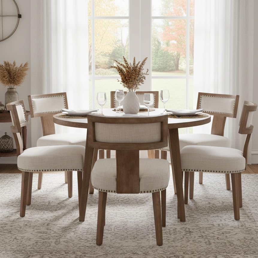 RIVOVA Rattan Dining Chairs Set of 4, Mid Century Modern Dining Chair Upholstered Linen Fabric Kitchen Side Chair, Modern Kitchen Armless Solid Wood Dining Chairs, Beige