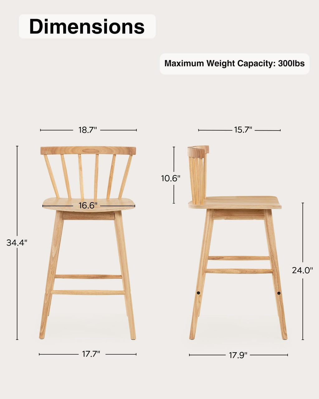 Modern Bar Stools Set of 2, 24" Wooden Counter Height Barstools, Modern Armless Farmhouse Bar Dining Chairs with Back & Footrest for Kitchen Island Pub, Natural Oak