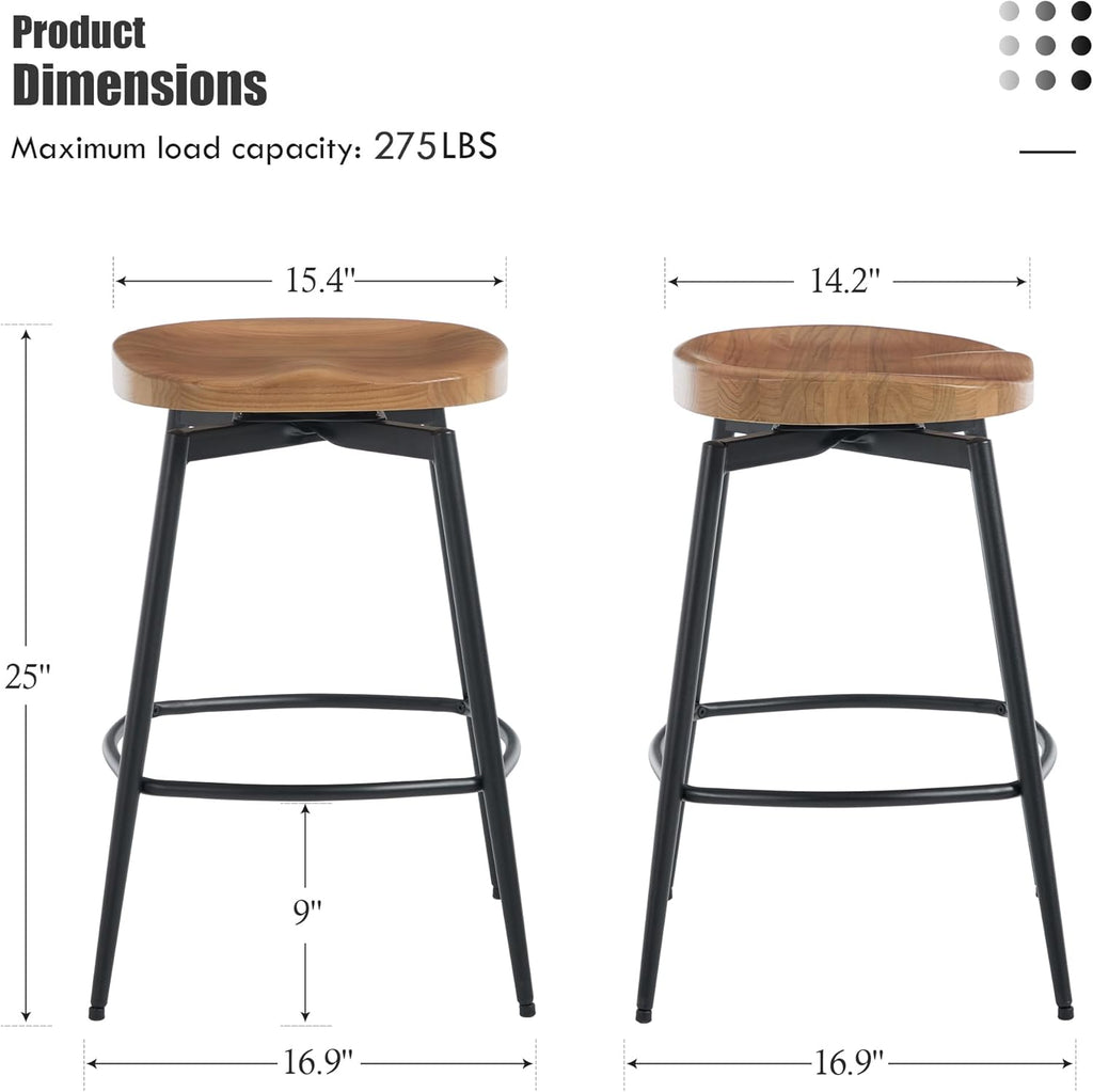 Flouki Bar Stools Set of 4, 25 Inch Solid Wood Saddle Barstools, Counter Height Bar Stools with Swivel Mechanism, Robust Metal Structure for Kitchen Island, Dining Room, Easy Assembly, Brown