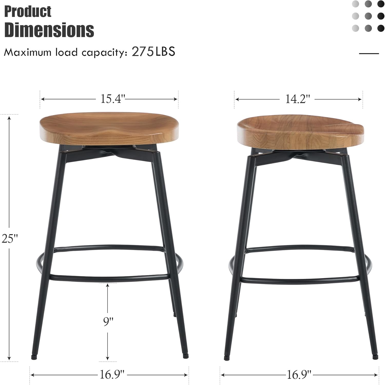 Flouki Bar Stools Set of 4, 25 Inch Solid Wood Saddle Barstools, Counter Height Bar Stools with Swivel Mechanism, Robust Metal Structure for Kitchen Island, Dining Room, Easy Assembly, Brown