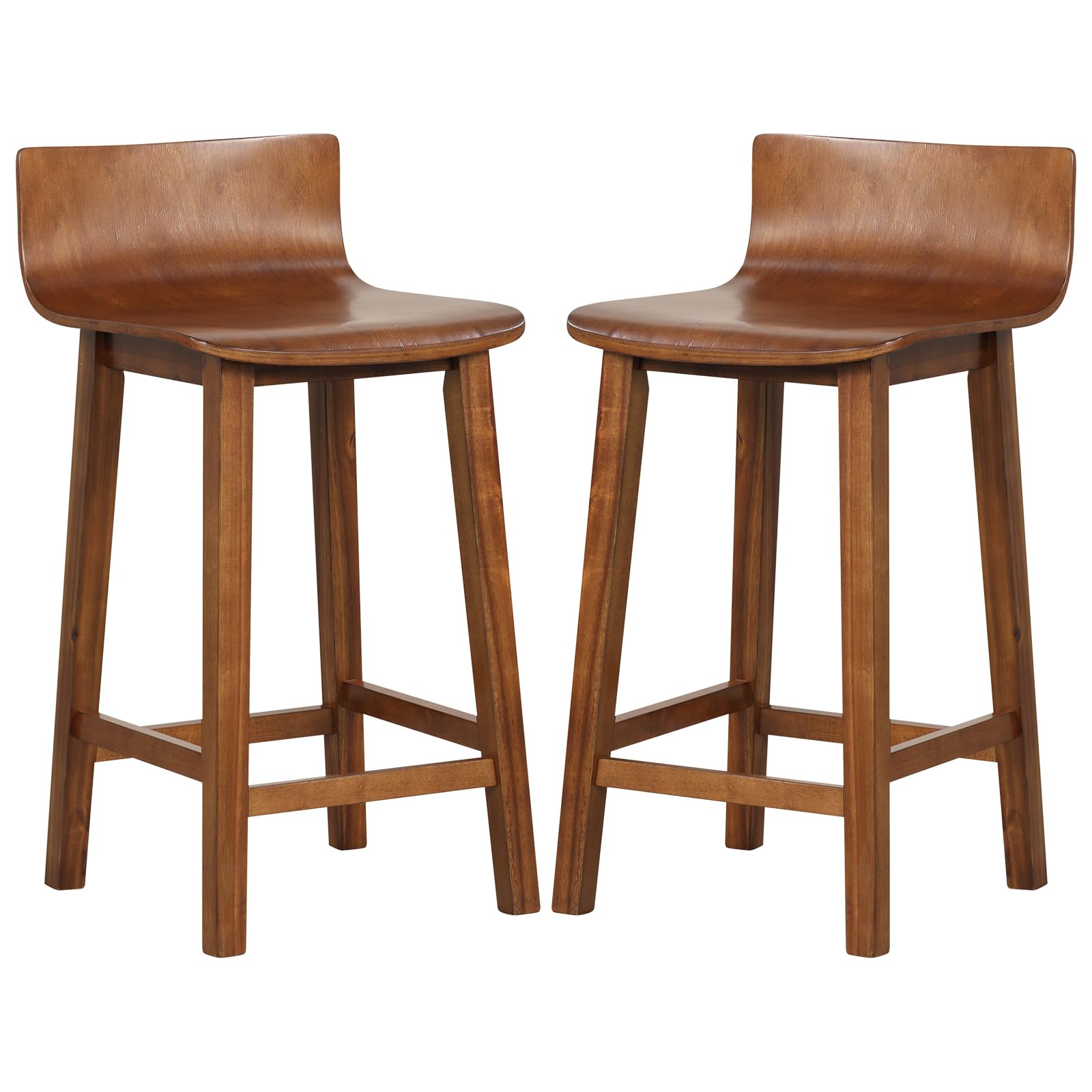 COSTWAY Solid Wood Bar Stools Set of 2, 29-inch Counter Height Chairs with Low Back and Footrest, Farmhouse Wooden Armless Barstools for Kitchen Island, Dining Room, Cafe, Breakfast, Brown