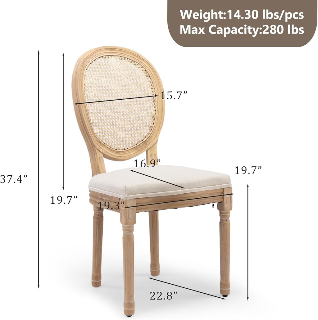 Rattan Back Upholstered Dining Chairs Set of 4 French Country Oval Kitchen Side Chairs with Wood Legs for Dining Room, Kitchen, Restaurant(Beige-Rattan)