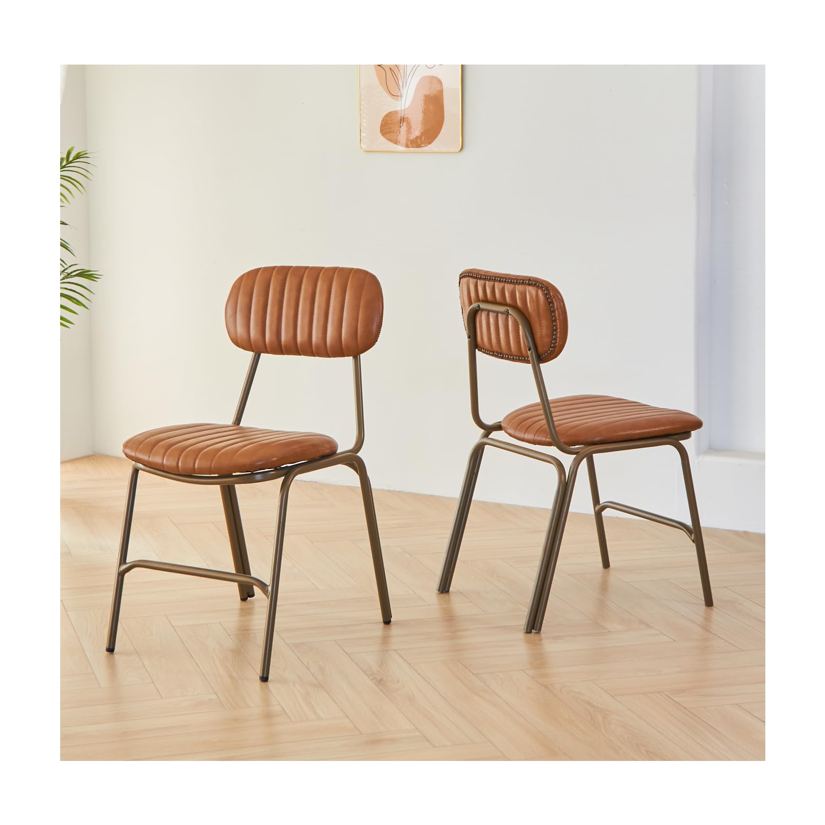 Mid Century Modern Dining Chairs Set of 2, Retro Chair with Faux Leather Upholstered Seat & Solid Wood Backrests & Vintage Distressing Metal Legs & Leg Protectors for Kitchen Dining Room (Dark Green)