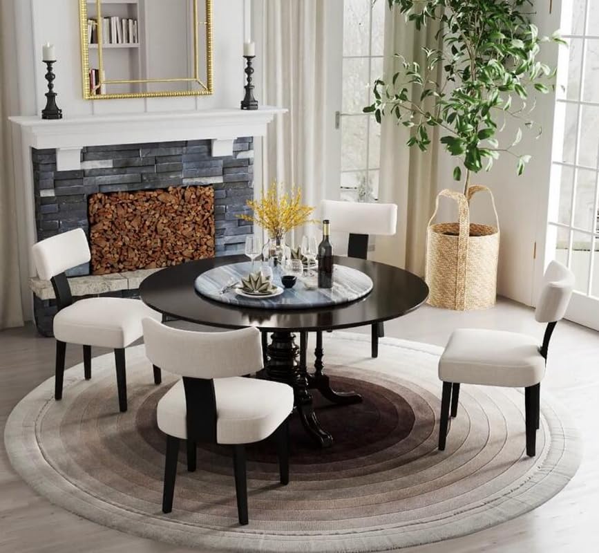 RIVOVA Rattan Dining Chairs Set of 4, Mid Century Modern Dining Chair Upholstered Linen Fabric Kitchen Side Chair, Modern Kitchen Armless Solid Wood Dining Chairs, Beige