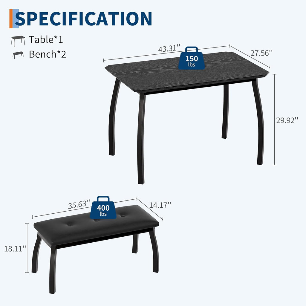 Garvee Dining Table for 4, 3-Piece Kitchen Table Set with Wooden Tabletop and Metal Frame, Industrial Retro Kitchen Table with 2 PU Leather Benches for Bar, Dining Room, Restaurant-Black