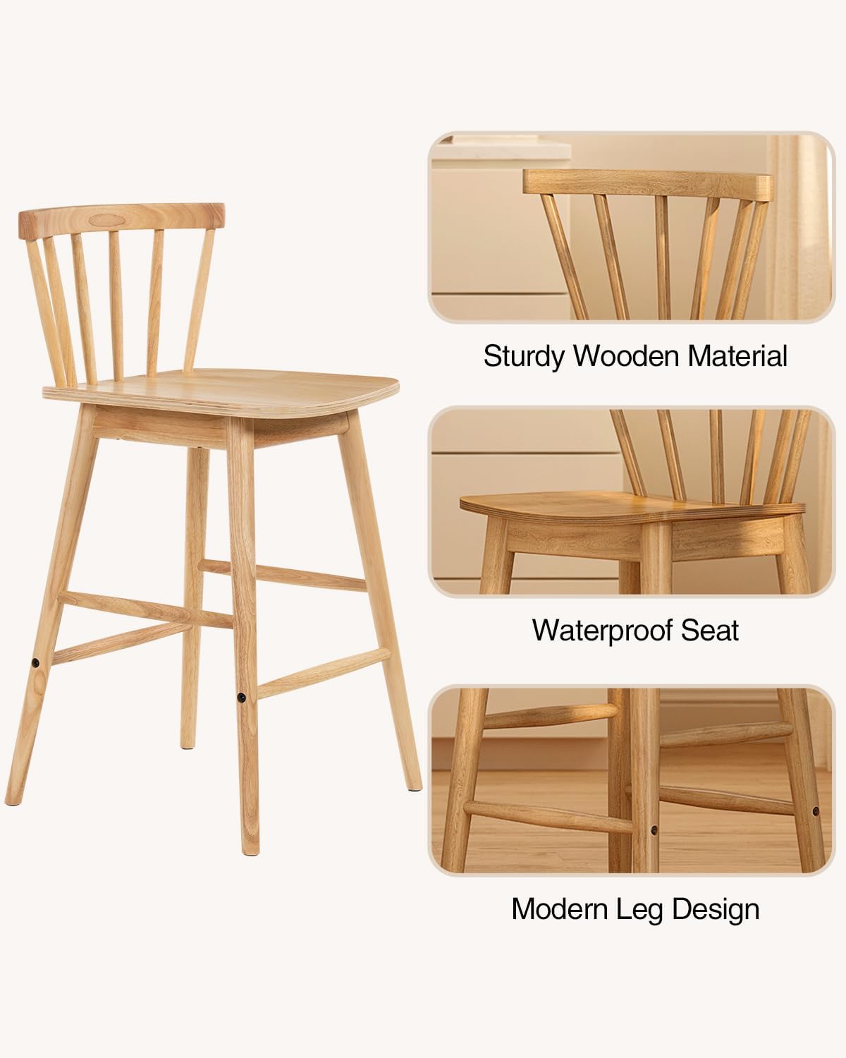 Modern Bar Stools Set of 2, 24" Wooden Counter Height Barstools, Modern Armless Farmhouse Bar Dining Chairs with Back & Footrest for Kitchen Island Pub, Natural Oak