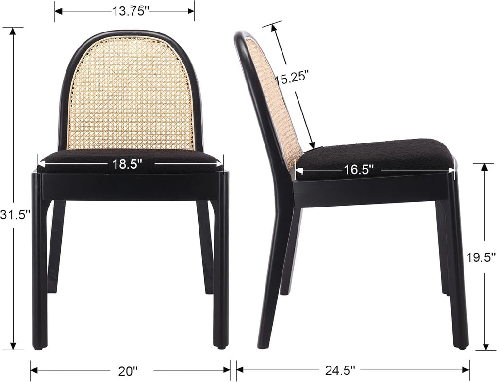 Ya-Home Mid Century Dining Chairs Set of 2, Accent Rattan Sherpa Fabric Side Chairs Kitchen Chair with Solid Wooden Legs for Living Room Dining Room, Black