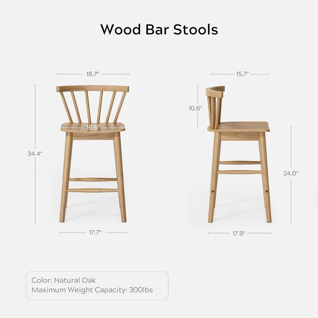 EYYTHUNG Wood Bar Stools Set of 3, Farmhouse 24" Barstool Counter Stools with Curved Back Counter Chairs for Kitchen Islands Dining Room, Natural Oak