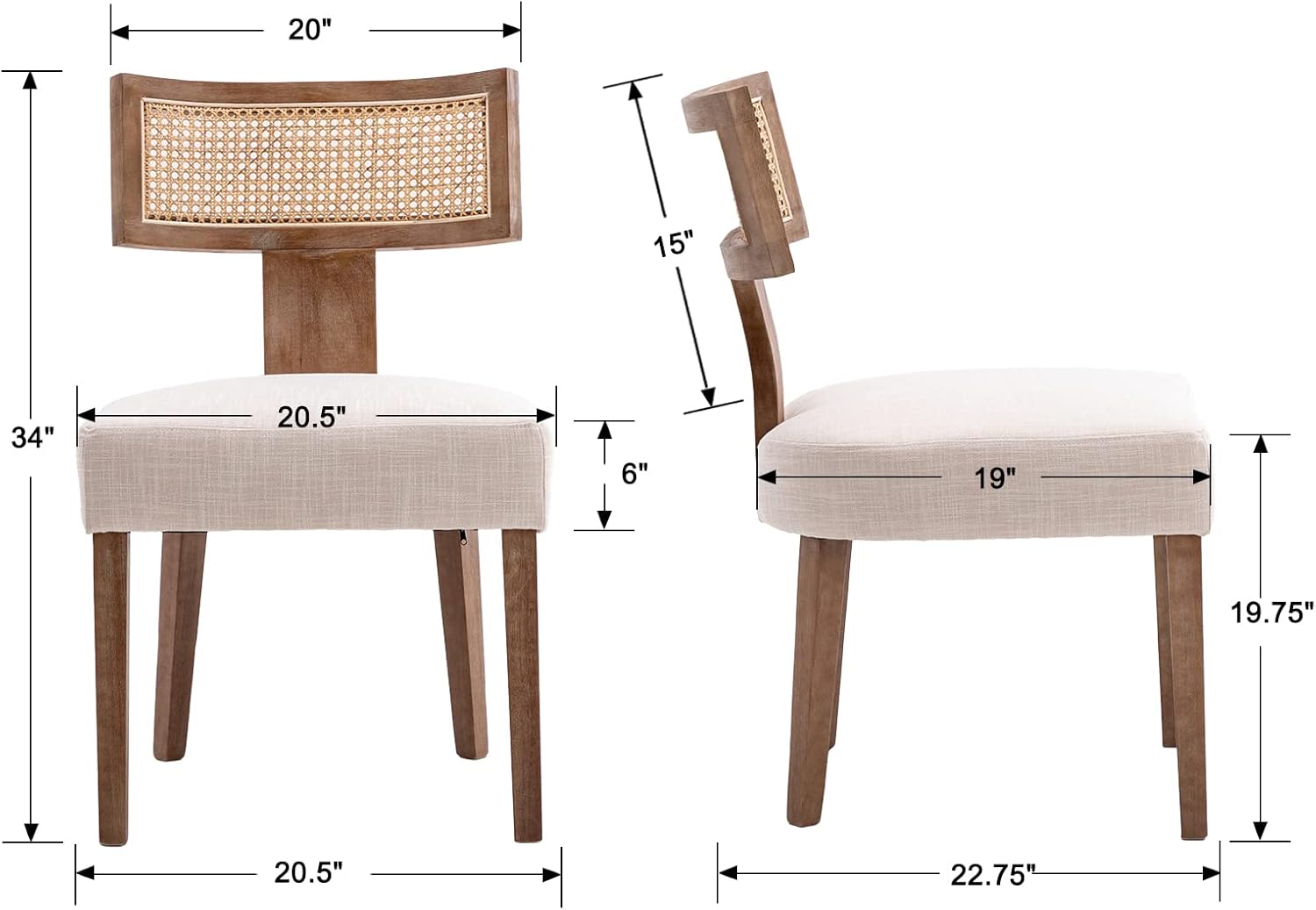 RIVOVA Rattan Dining Chairs Set of 4, Mid Century Modern Dining Chair Upholstered Linen Fabric Kitchen Side Chair, Modern Kitchen Armless Solid Wood Dining Chairs, Beige