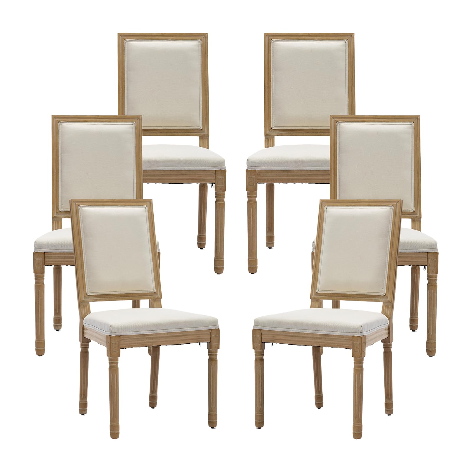 Vintage French Rattan Dining Chairs Set of 6, Square Back Side Chairs with Rattan Backrest, Upholstered Linen Seat and Solid Wood Frame, Sillas de Comedor for Dining Room & Kitchen, Dark Gray
