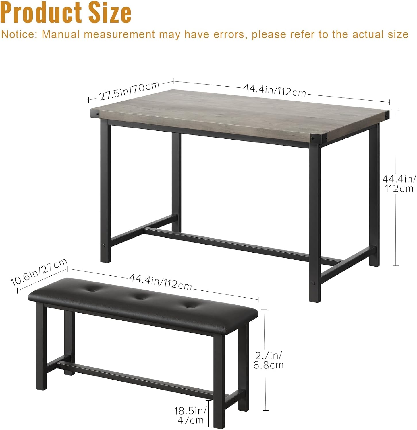 44" Small Space Breakfast Nook Set, Tufted Seats, Easy Assembly