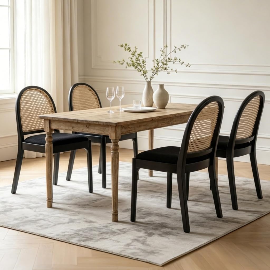 Ya-Home Mid Century Dining Chairs Set of 2, Accent Rattan Sherpa Fabric Side Chairs Kitchen Chair with Solid Wooden Legs for Living Room Dining Room, Black