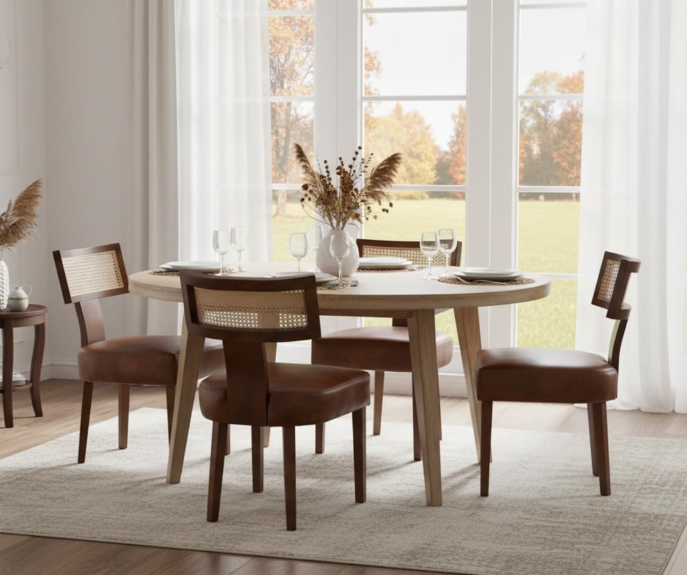 RIVOVA Rattan Dining Chairs Set of 4, Mid Century Modern Dining Chair Upholstered Linen Fabric Kitchen Side Chair, Modern Kitchen Armless Solid Wood Dining Chairs, Beige