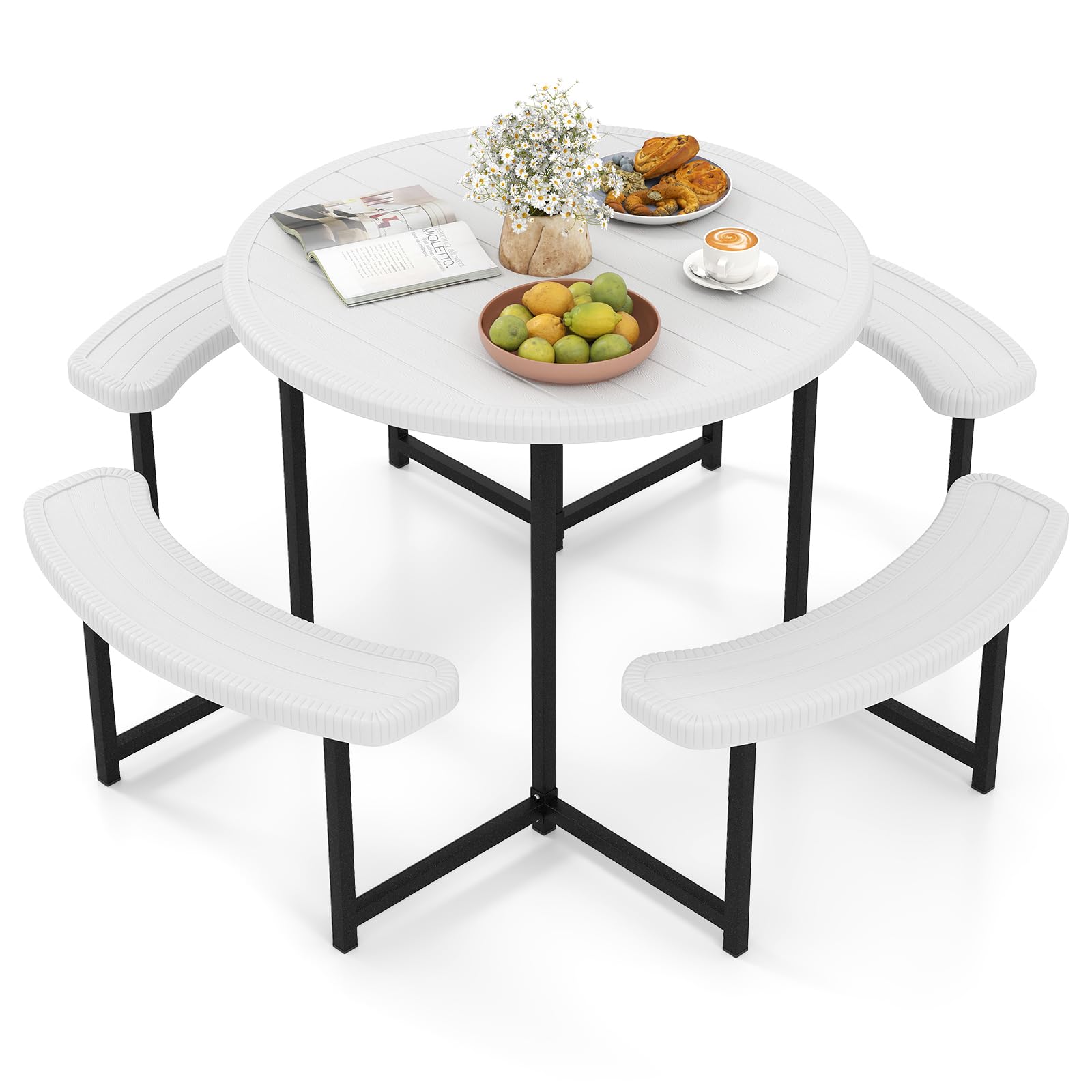 Tangkula 8 Person Picnic Table, HDPE Outdoor Square Table and Bench Set with 4 Built-in Benches, Umbrella Hole, Metal Frame for Garden Yard Patio Lawn
